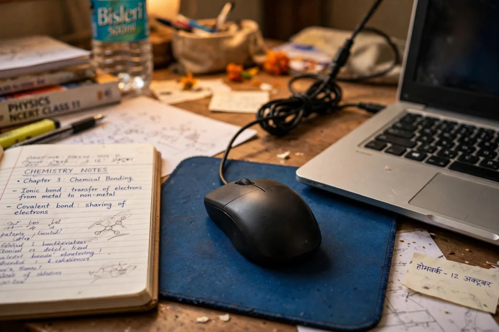 Budget wired mouse on a student's study desk